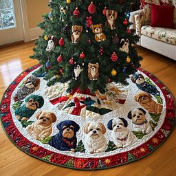 Shih Tzu Under the Tree Christmas Quilted Tree Skirt
