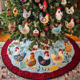 Festive Chickens Christmas Quilted Tree Skirt