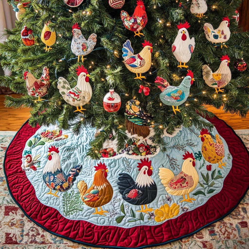 Festive Chickens Christmas Quilted Tree Skirt