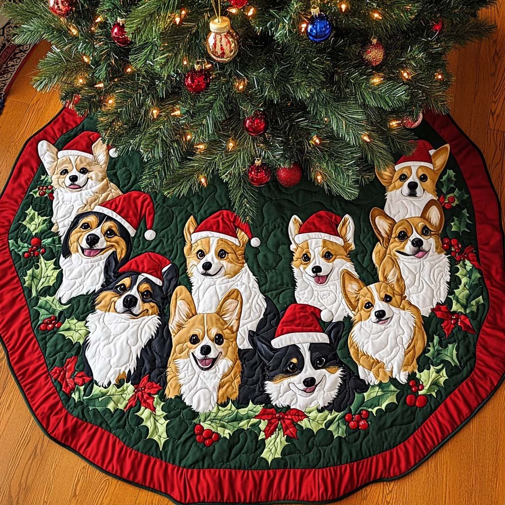 Corgi Claus Christmas Quilted Tree Skirt