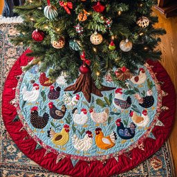 Whimsical Clucks Christmas Quilted Tree Skirt