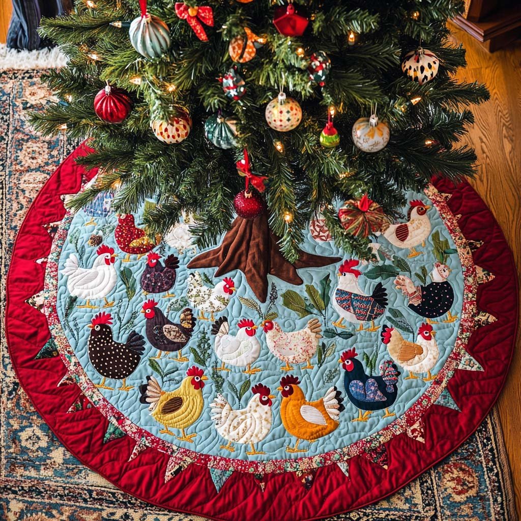 Whimsical Clucks Christmas Quilted Tree Skirt