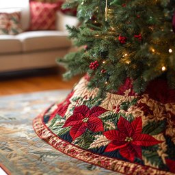 Festive Poinsettia Christmas Quilted Tree Skirt