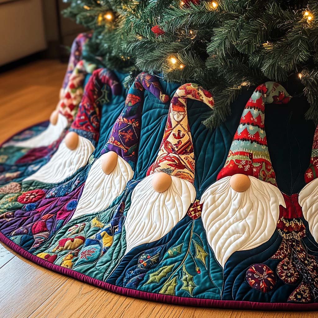 Holiday Gnomes Quilted Christmas Tree Skirt