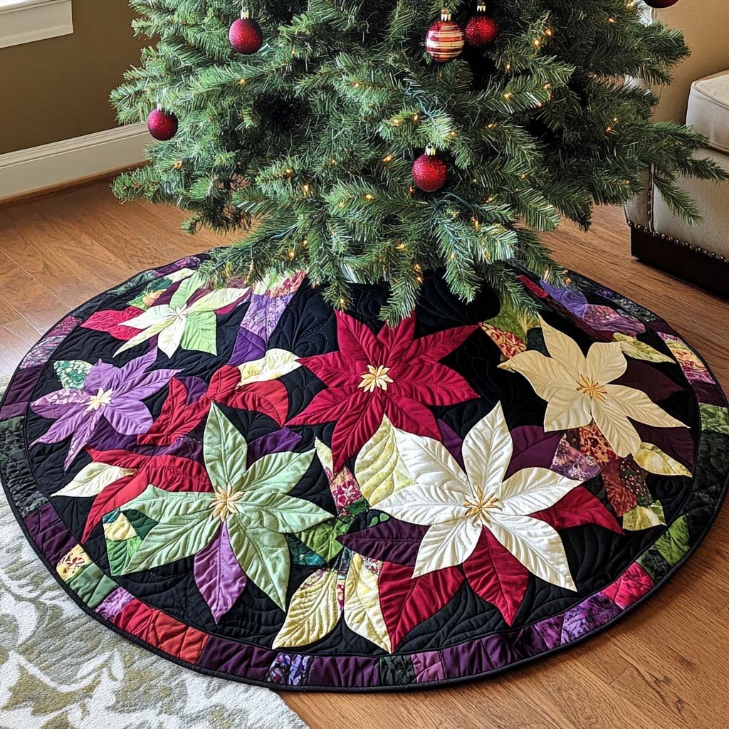 Classic Poinsettia Christmas Quilted Tree Skirt
