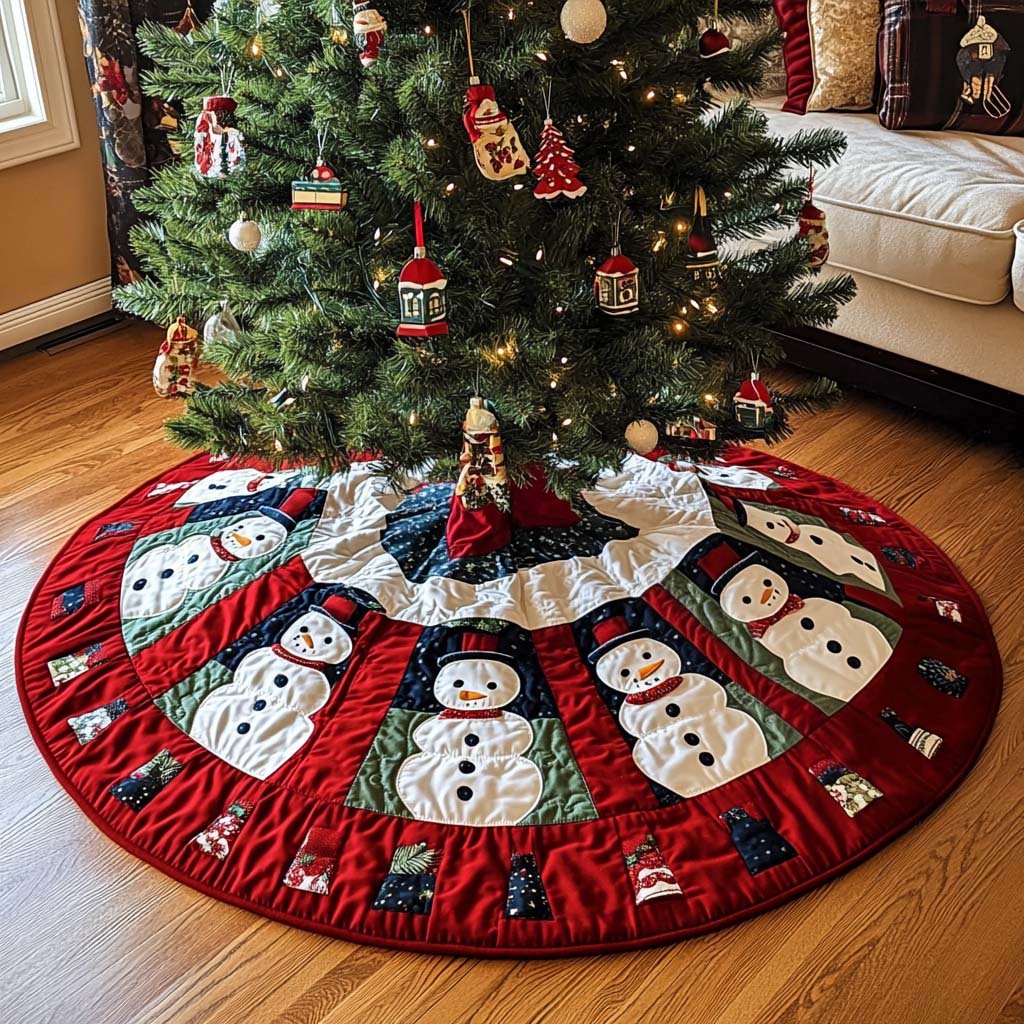 Jolly Snowmen Quilted Christmas Tree Skirt