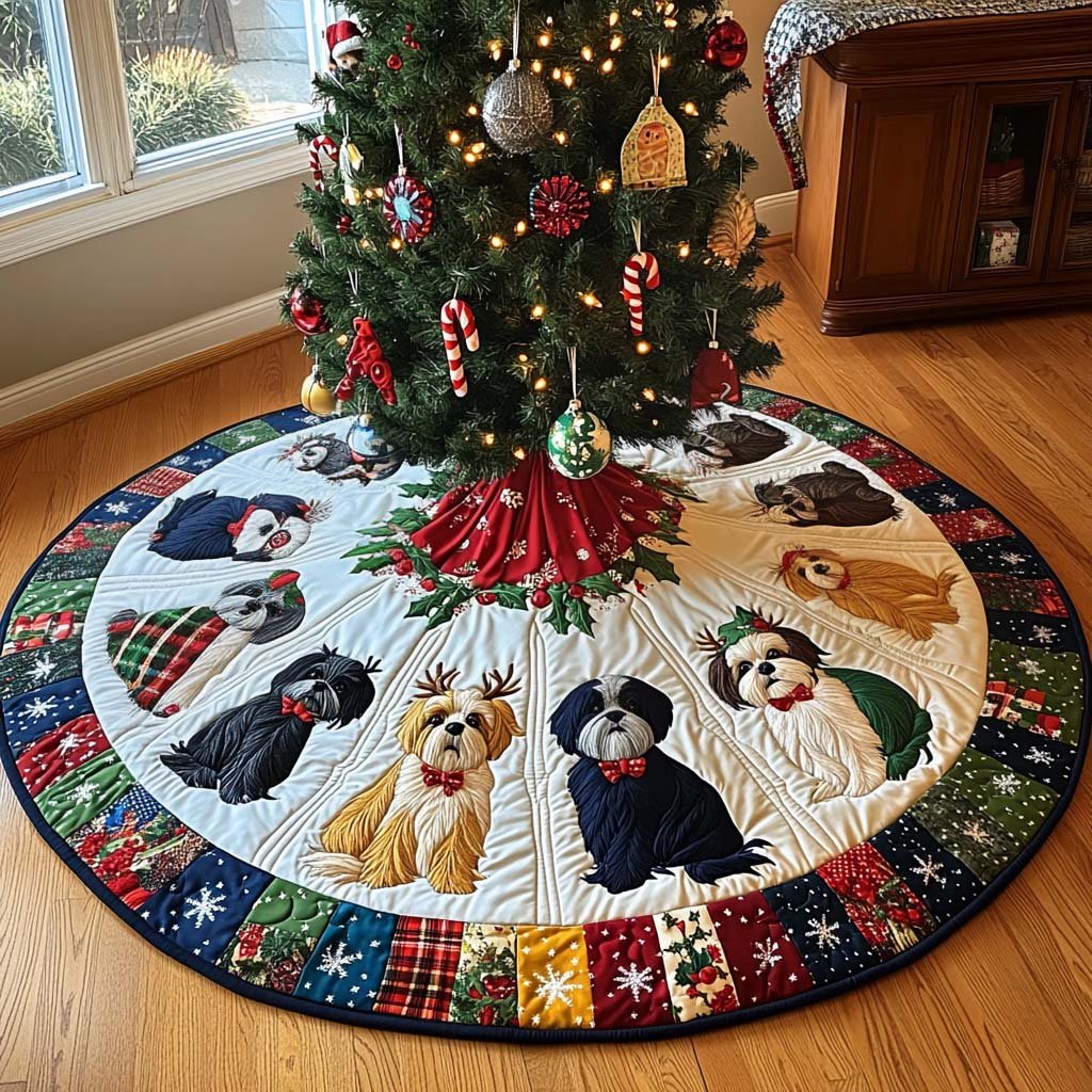 Festive Shih Tzu Joy Christmas Quilted Tree Skirt