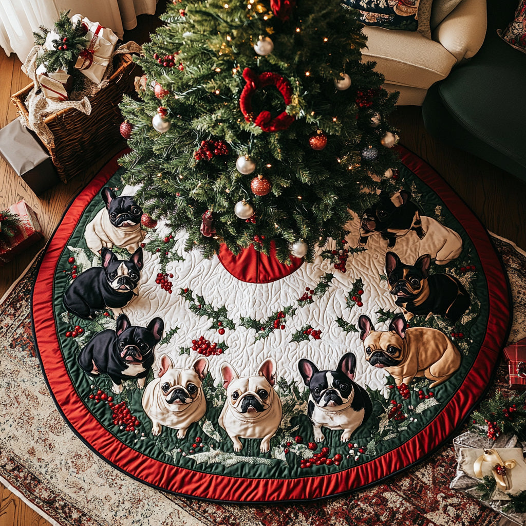 Frenchie Christmas Joy Quilted Christmas Tree Skirt