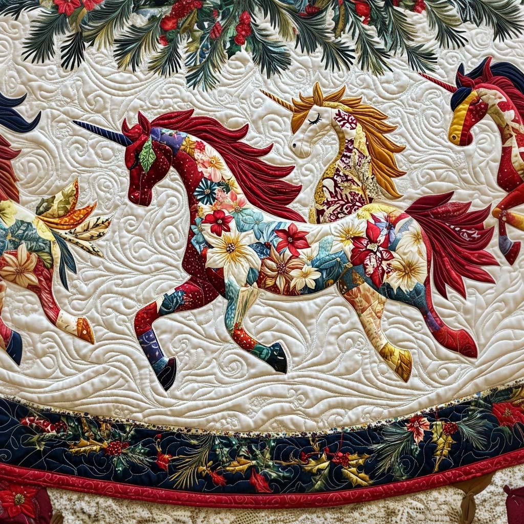 Unicorn Garden Glow Christmas Quilted Tree Skirt