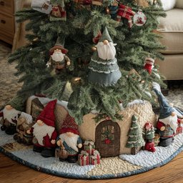 Winter Evergreen Gnomes Christmas Quilted Tree Skirt