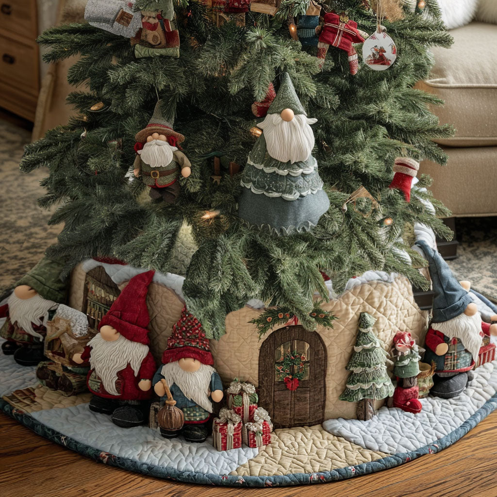 Winter Evergreen Gnomes Christmas Quilted Tree Skirt