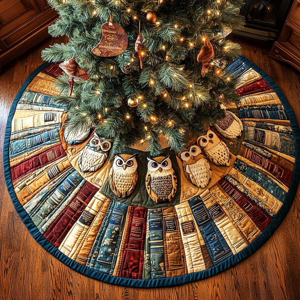 Candlelight Owl Study Christmas Quilted Tree Skirt