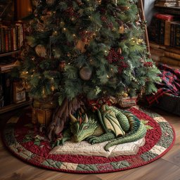 Crimson Pine Dragon Christmas Quilted Tree Skirt