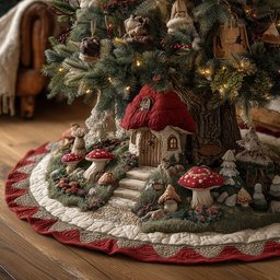 Merry Mushroom Meadow Christmas Quilted Tree Skirt