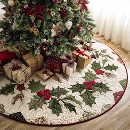Holiday Holly Christmas Quilted Tree Skirt