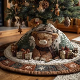Merry Highland Cow Christmas Quilted Tree Skirt