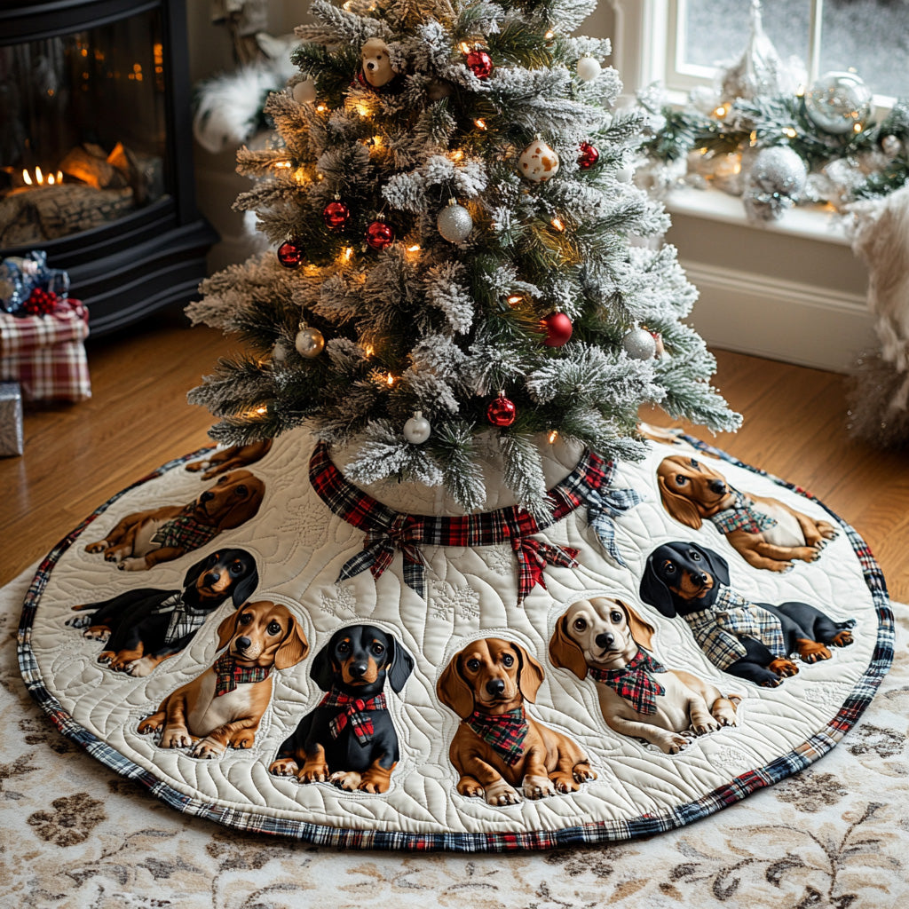 Tartan Doxie Cheer Quilted Christmas Tree Skirt