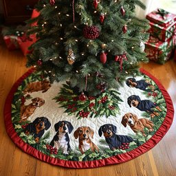 Dachshund Sleigh Bells Quilted Christmas Tree Skirt