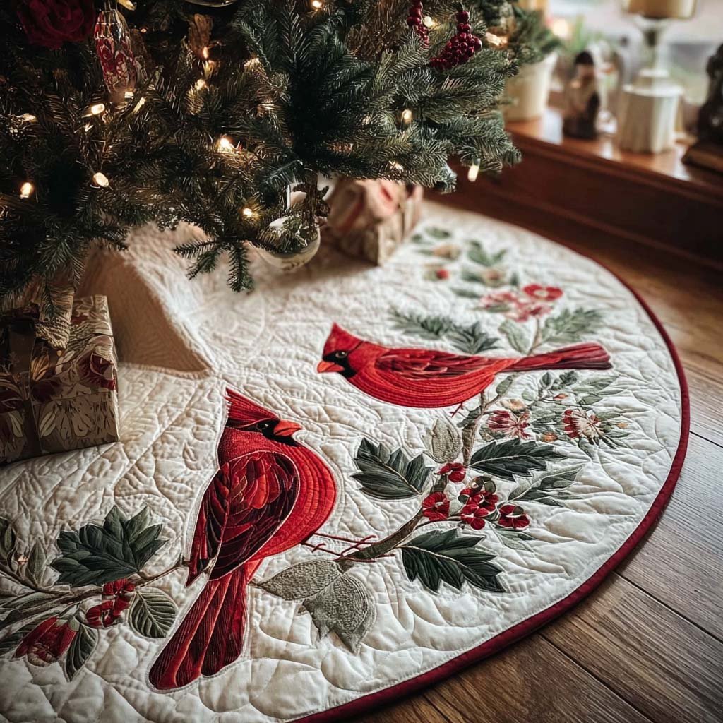 Cardinal Charm Christmas Quilted Tree Skirt