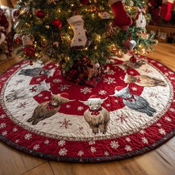 Jolly Highland Cow Quilted Christmas Tree Skirt