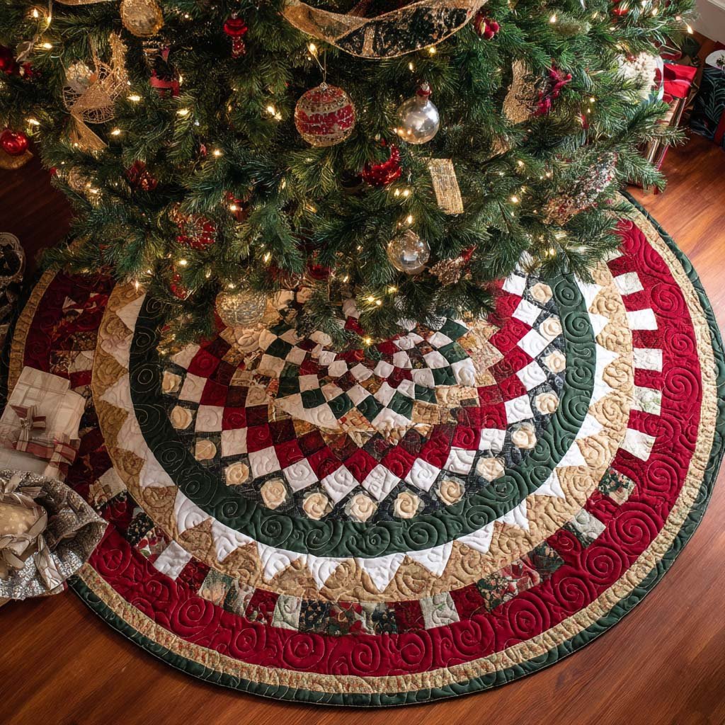 Classic Spiral Christmas Quilted Tree Skirt