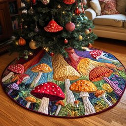 Mushroom Field Christmas Quilted Tree Skirt