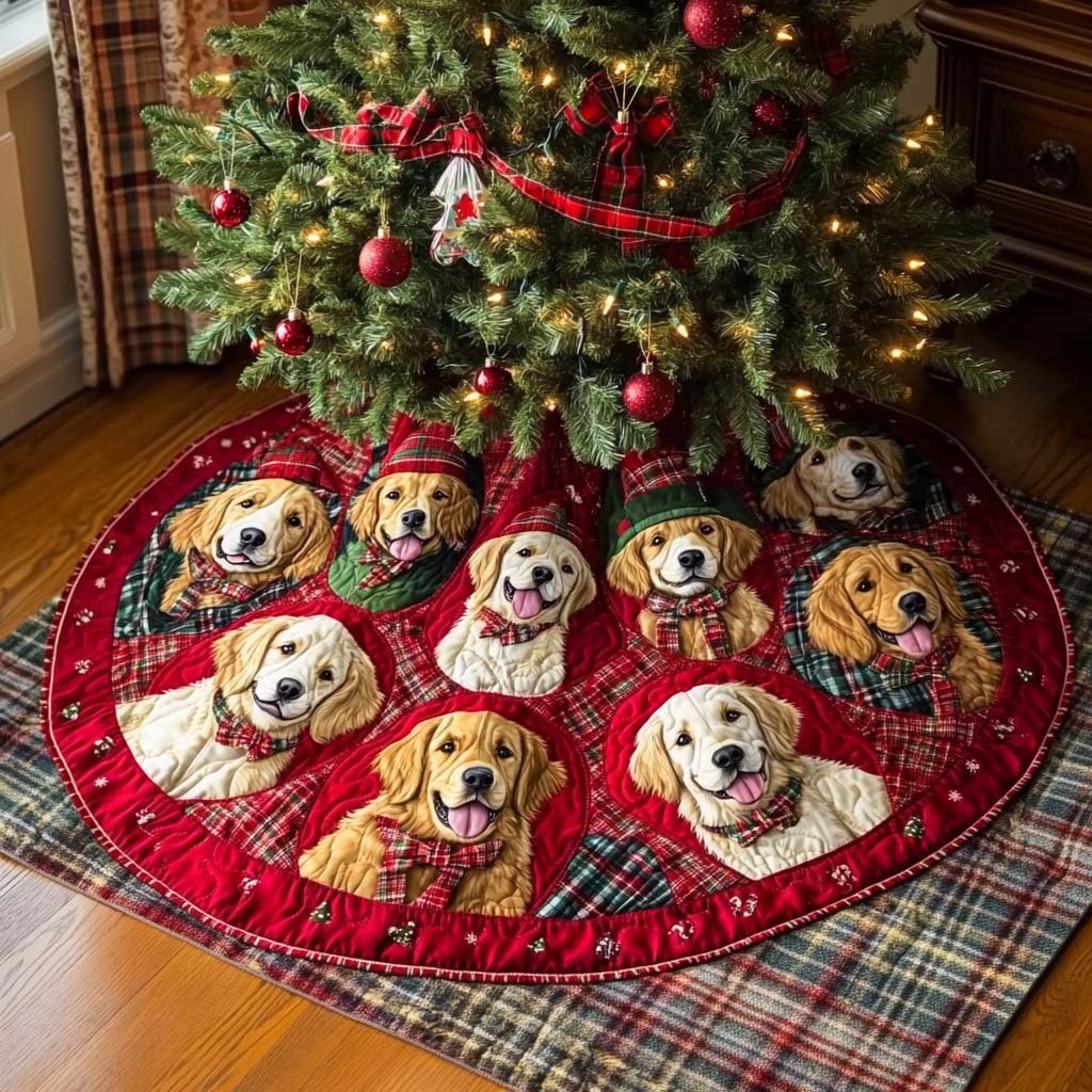 Golden Retriever Wonderland Chritstmas Quilted Tree Skirt