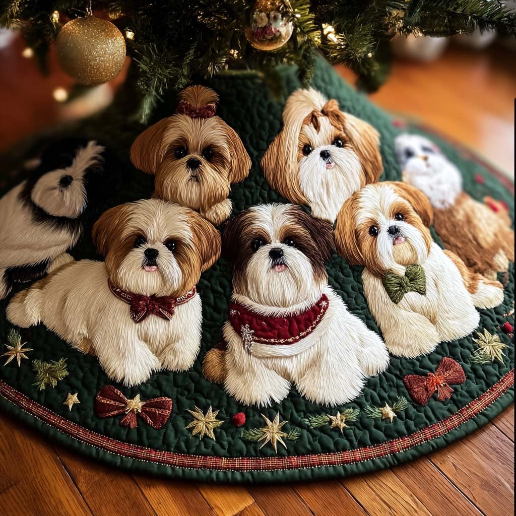 Lovely Shih Tzu Christmas Quilted Tree Skirt