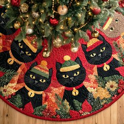 Holly Night Kitty Christmas Quilted Tree Skirt
