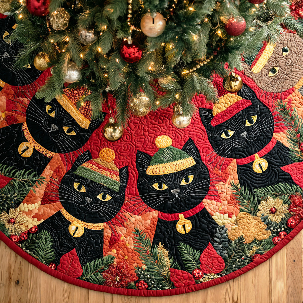 Holly Night Kitty Christmas Quilted Tree Skirt