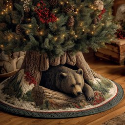Cozy Cabin Bear Christmas Quilted Tree Skirt