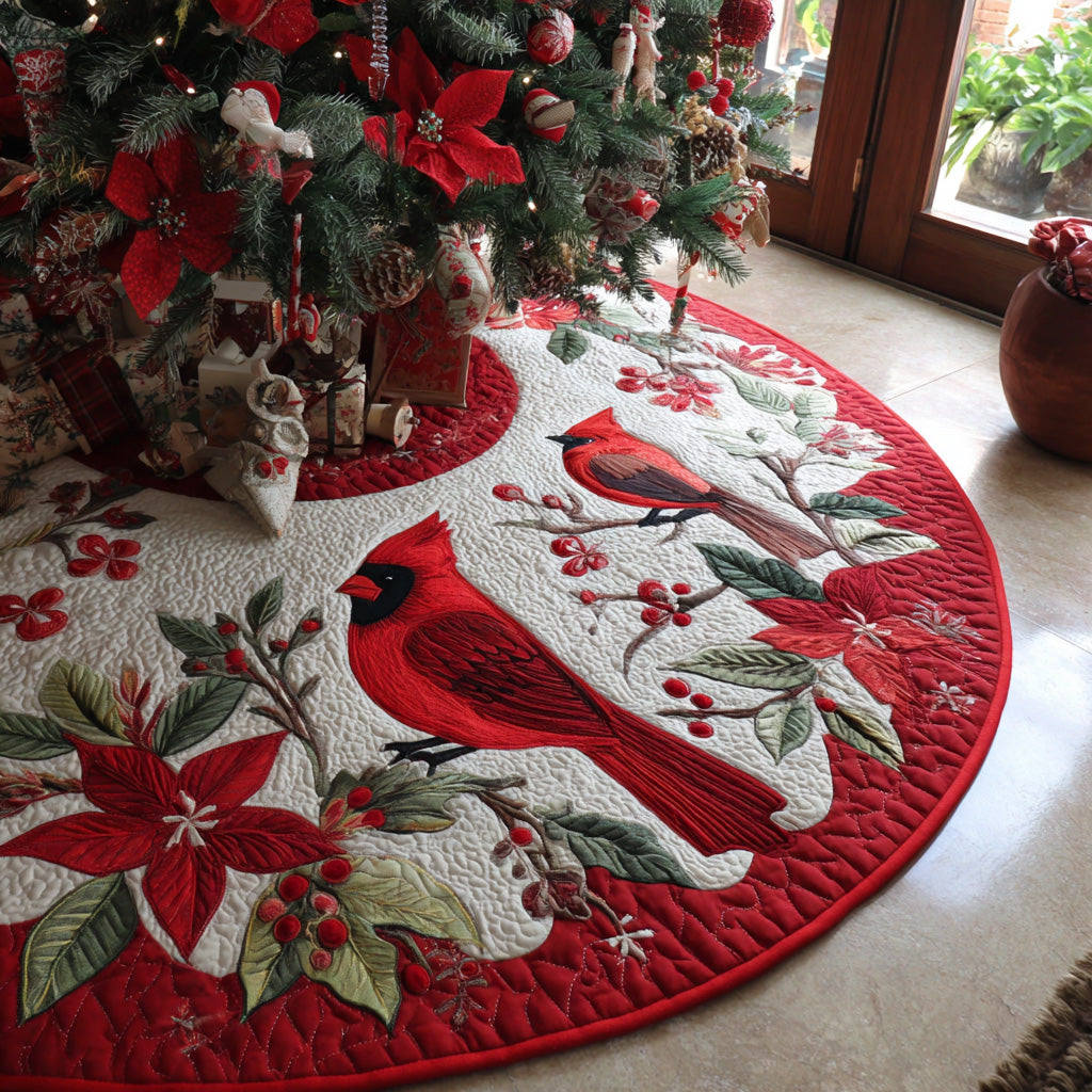 Holly Cardinal Quilted Christmas Tree Skirt