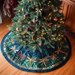 Joyful Dragonfly Christmas Quilted Tree Skirt