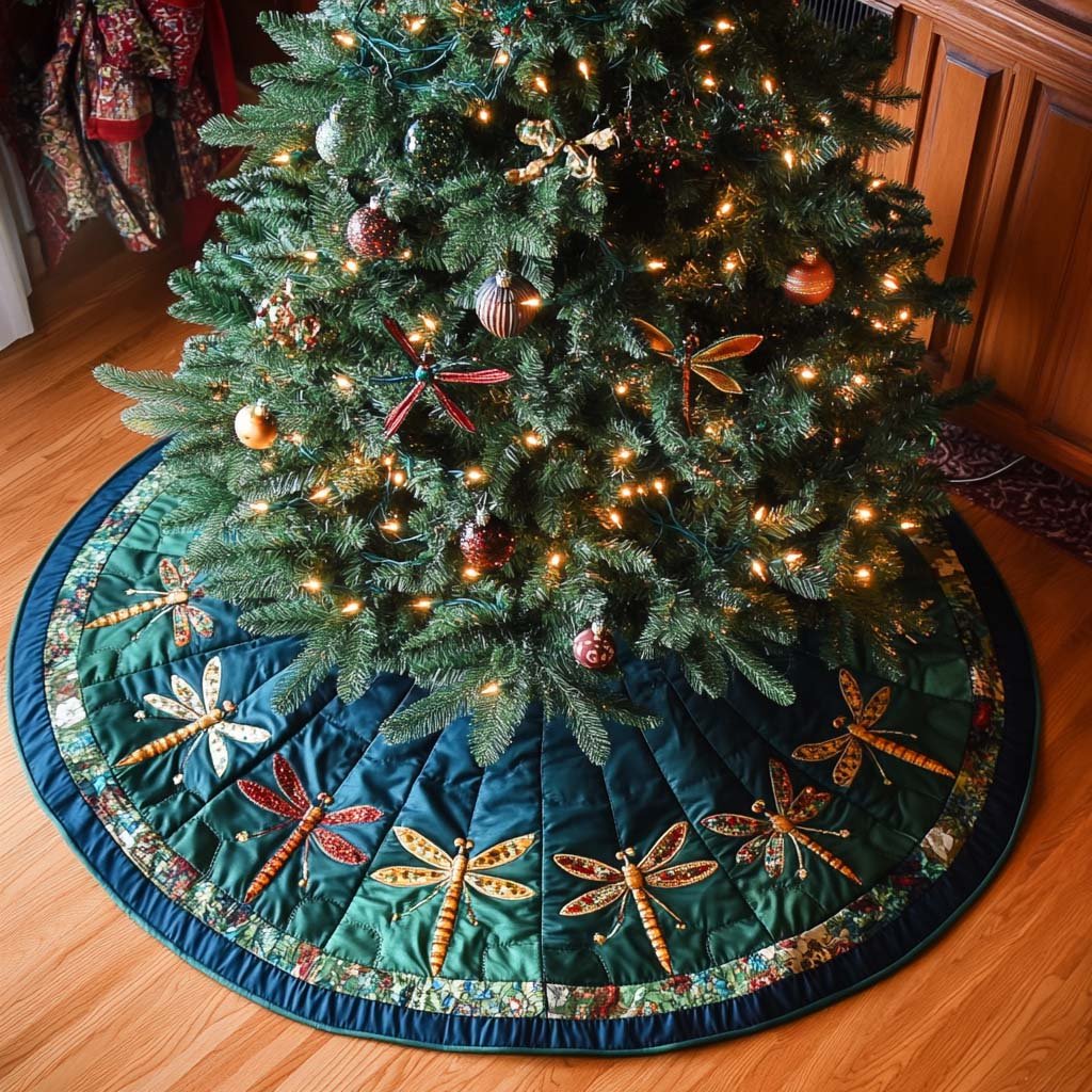 Joyful Dragonfly Christmas Quilted Tree Skirt