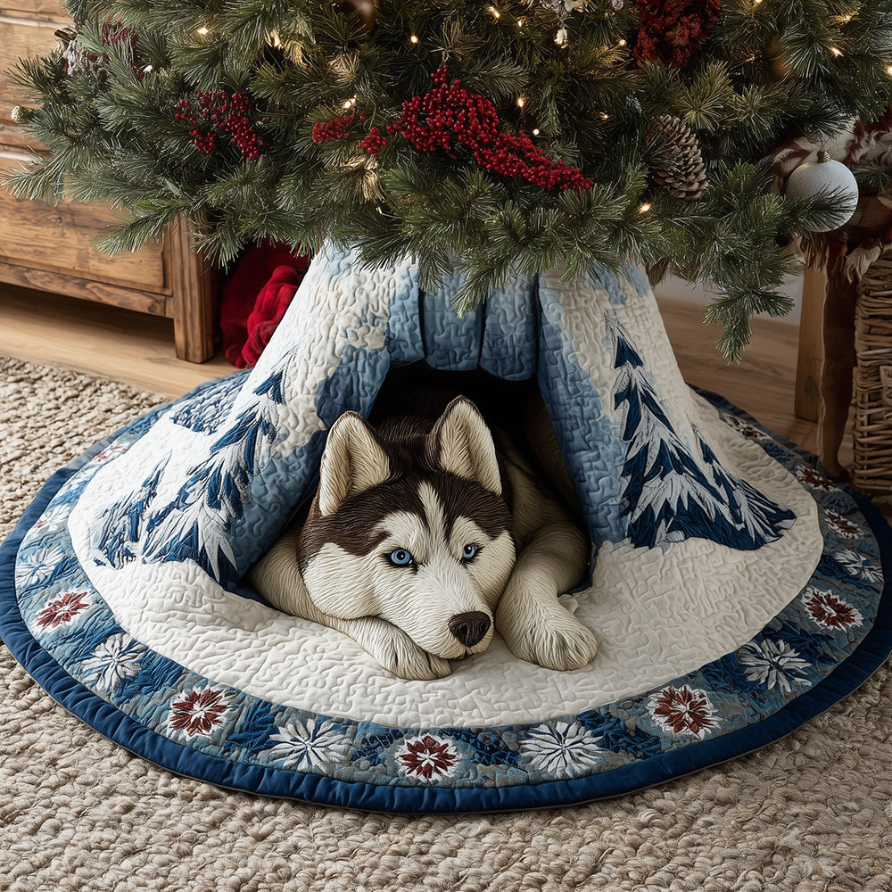 Husky in the Snowfall Christmas Quilted Tree Skirt