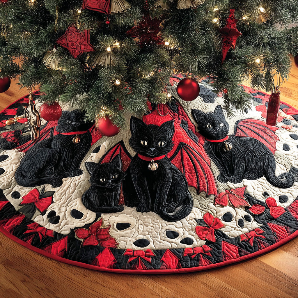 Midnight Noel Cat Christmas Quilted Tree Skirt