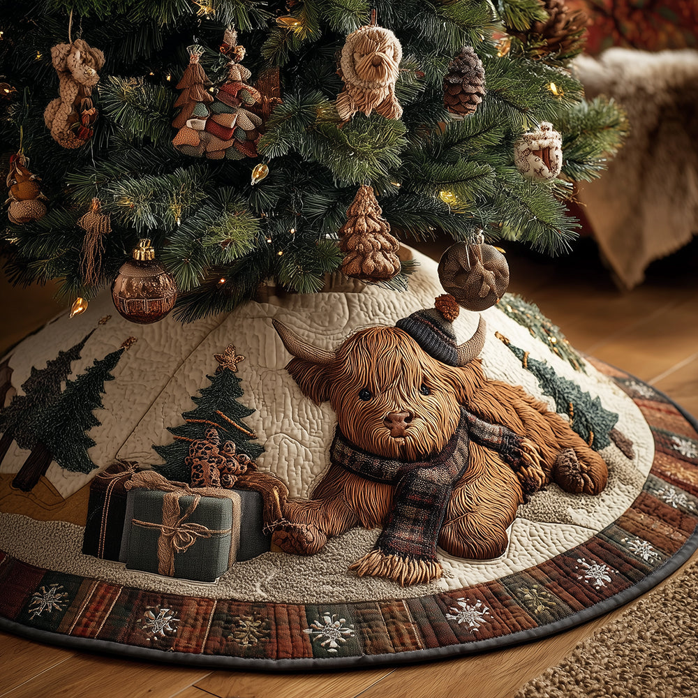Highland Cow Joy Christmas Quilted Tree Skirt
