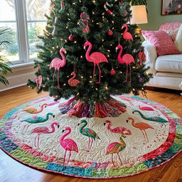 Flamingo Cheer Quilted Christmas Tree Skirt
