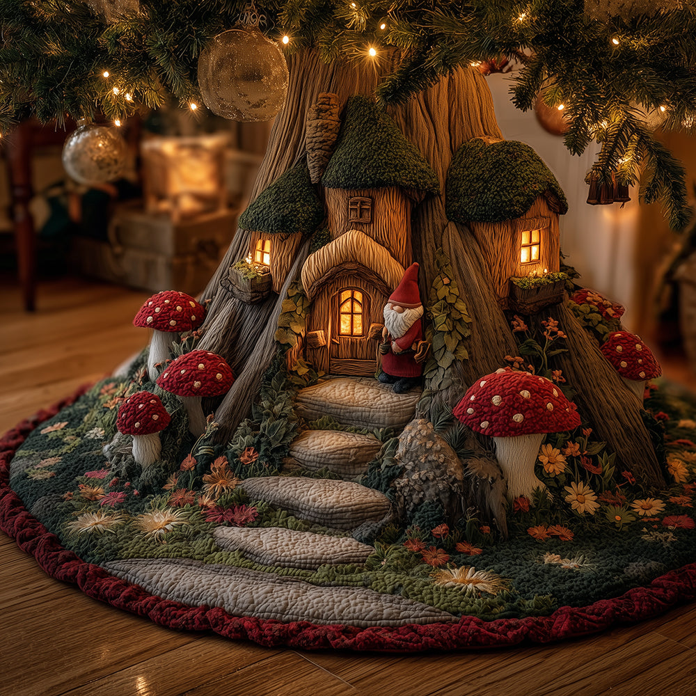 Merry Gnome House Christmas Quilted Tree Skirt