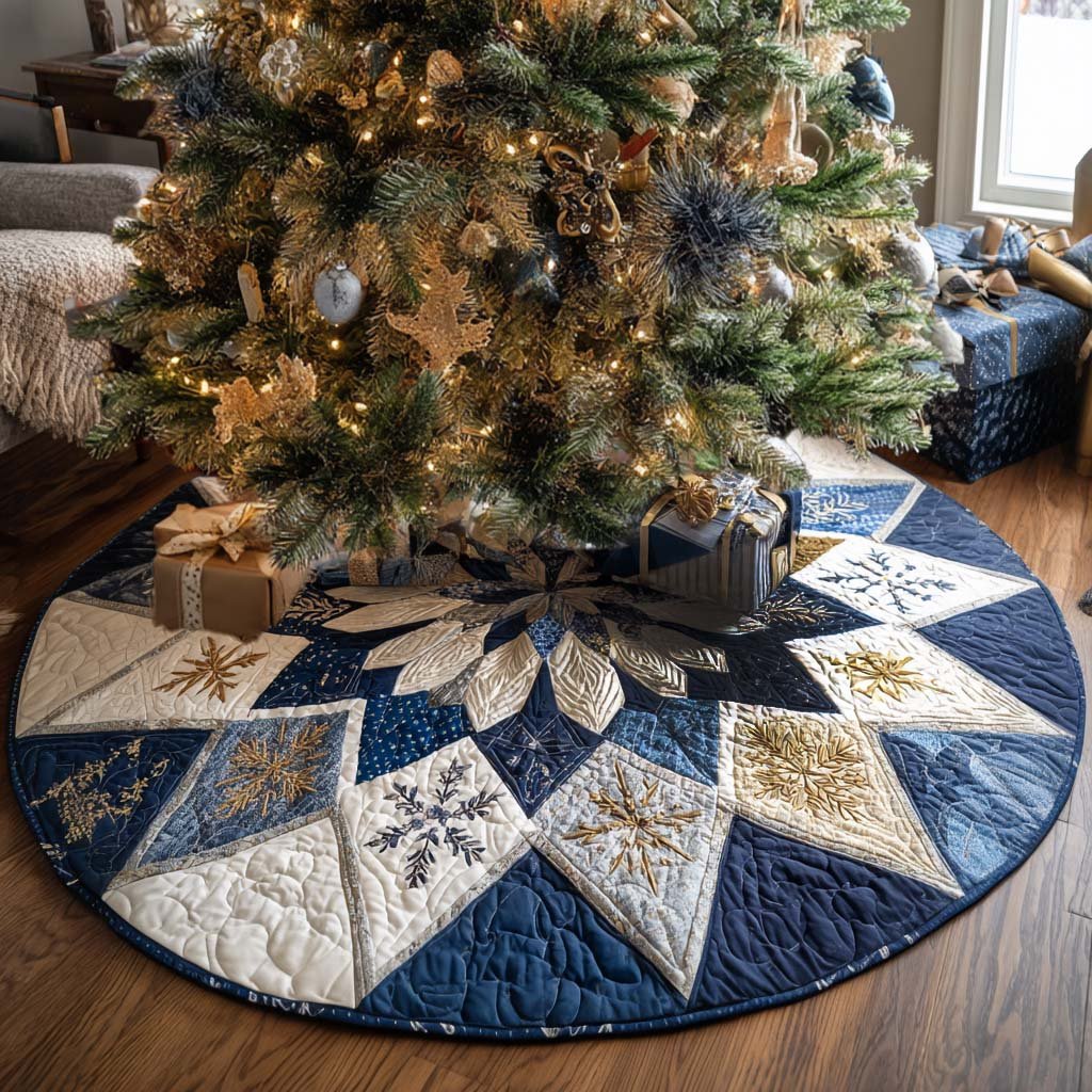 Golden Snowflake Christmas Quilted Tree Skirt