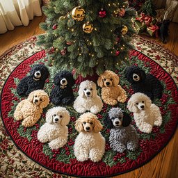 Winter Poodle Wonderland Quilted Christmas Tree Skirt