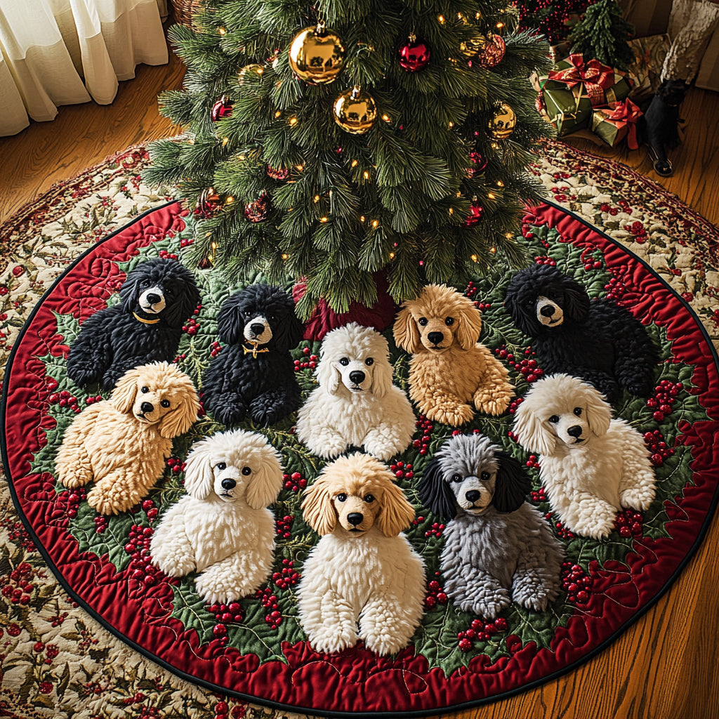 Winter Poodle Wonderland Quilted Christmas Tree Skirt