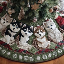Cozy Husky Wonderland Quilted Christmas Tree Skirt