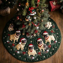 Pug Joy Christmas Quilted Tree Skirt