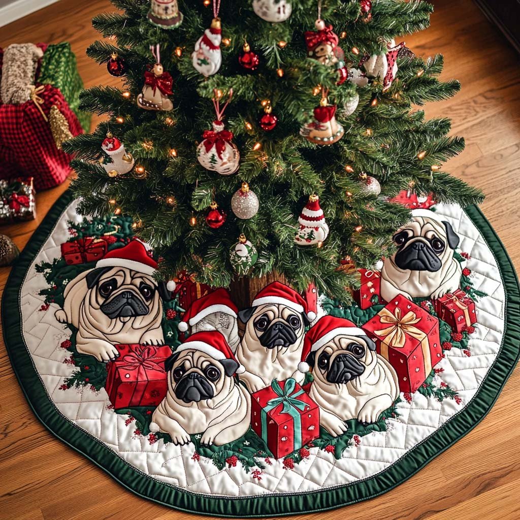 Pug Charm Christmas Quilted Tree Skirt