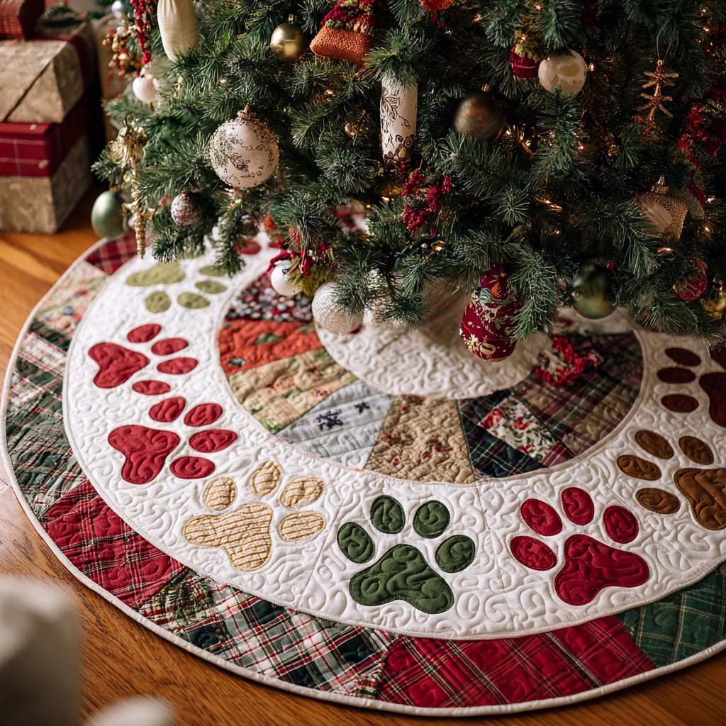 Cozy Paw Christmas Quilted Tree Skirt