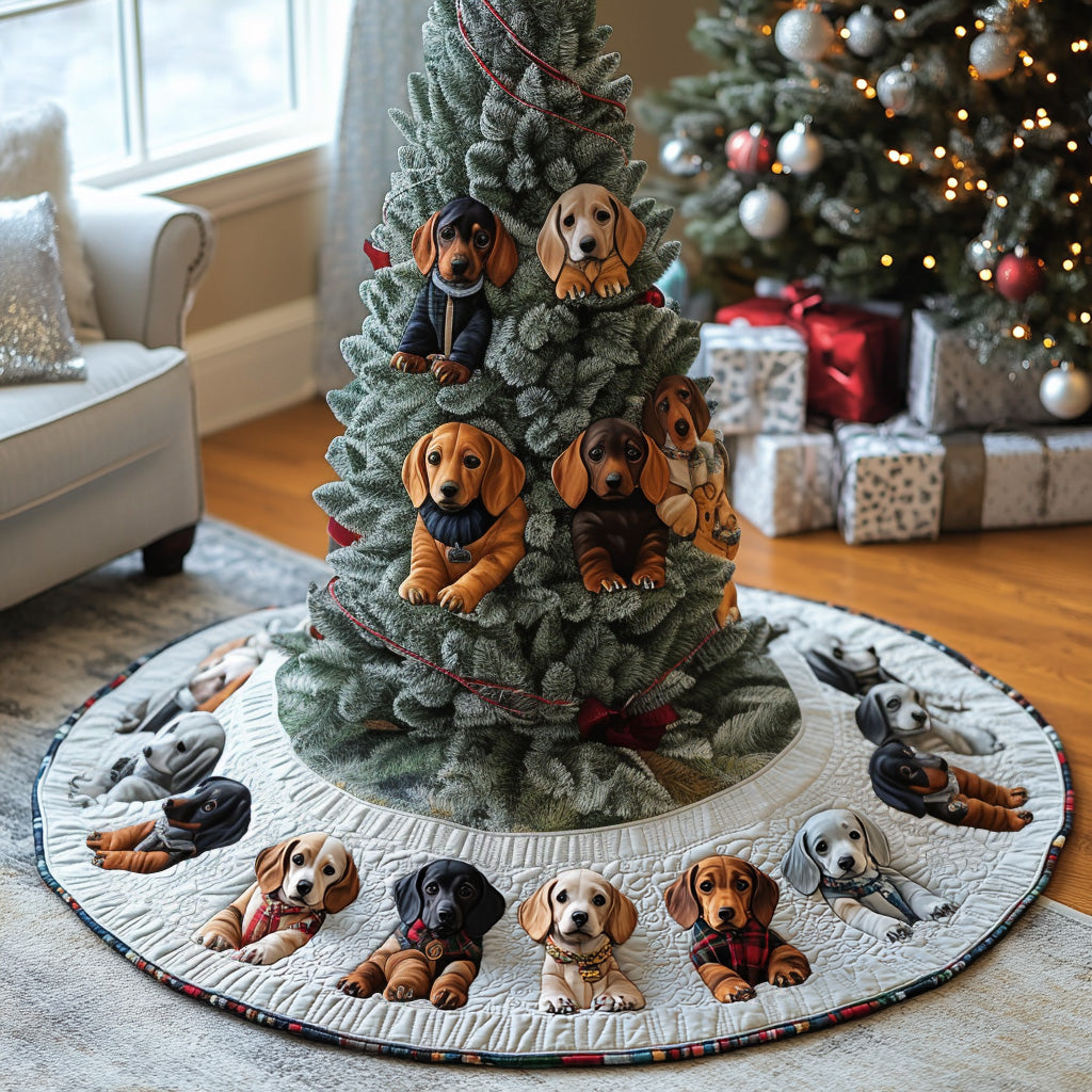 Winter Dachshund Charm Quilted Christmas Tree Skirt