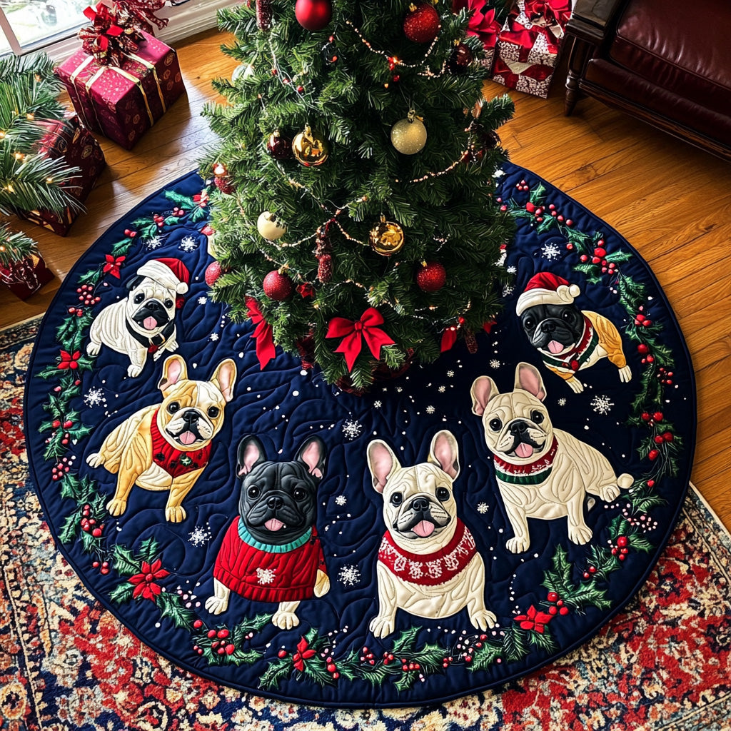 Twinkle Frenchie Lights Quilted Christmas Tree Skirt