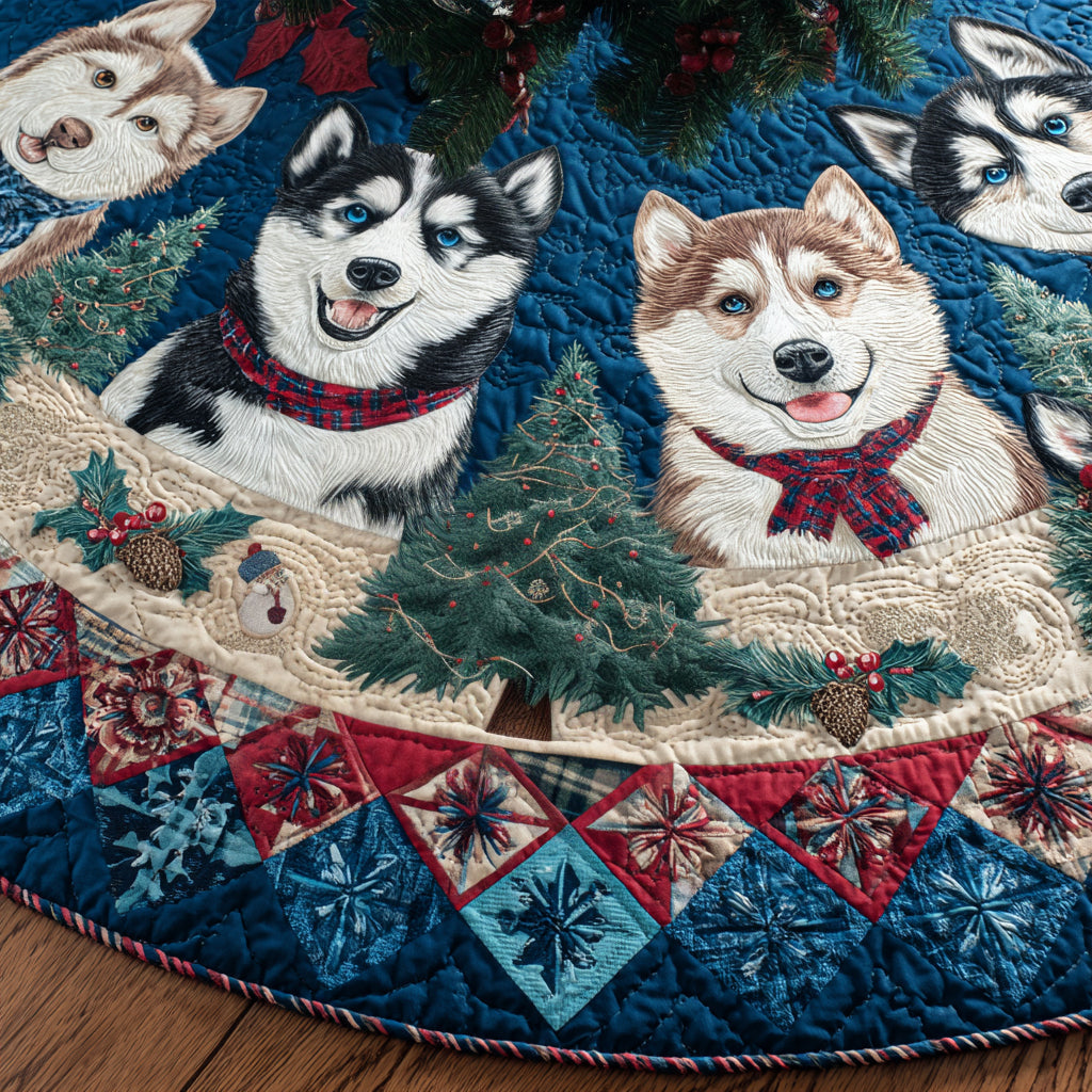 Frosty Husky Dreams Quilted Christmas Tree Skirt