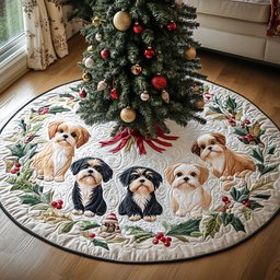 Shih Tzu Cheer Christmas Quilted Tree Skirt